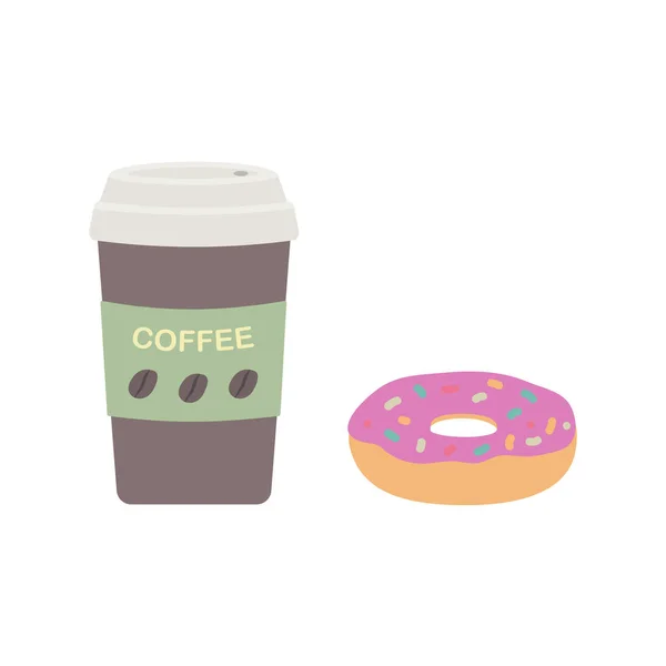 Кофейная чашка с крышкой и глазированным пончиком. Завтрак в кафе . Стоковая Иллюстрация