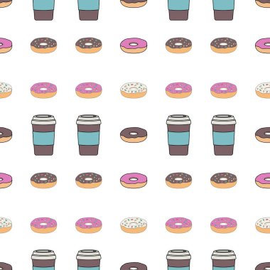 Seamless modeli. Bir kahve fincanı bir kapak ve sırlı bir poğaça ile. Kafede Kahvaltı. 