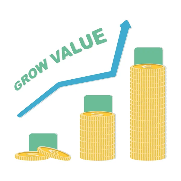 Icône de pièce en design plat. Symbole pièce d'or. Concept de revenu avec flèche vers le haut. Valeur de croissance euro et symbole dollar . — Image vectorielle