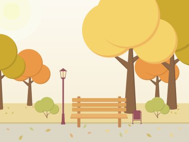 Sonbahar Park. Ağaçlar, çalılar, yaprakları, tezgah, şehrin kare sokakta.