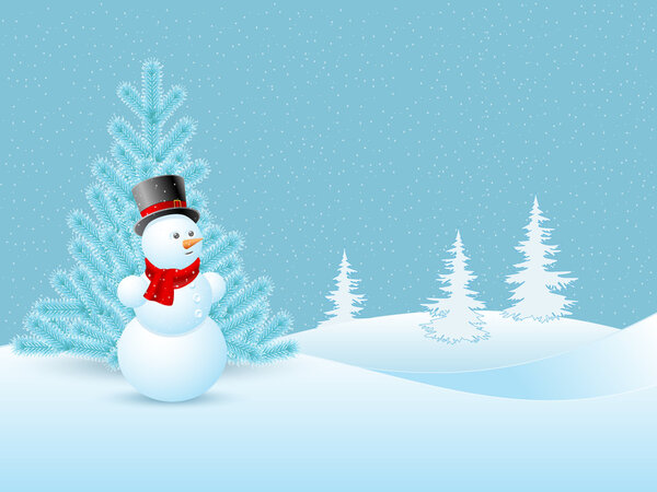 Снеговик на фоне елки и зимнего снежного пейзажа
.