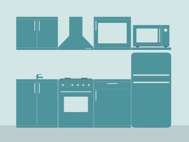 İç mutfak oda mavi. Düz vektör çizim.