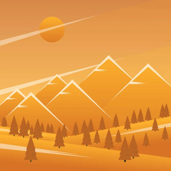 山と森の風景。ベクトル図では、平面幾何学的なグラフィック. — ストックベクタ