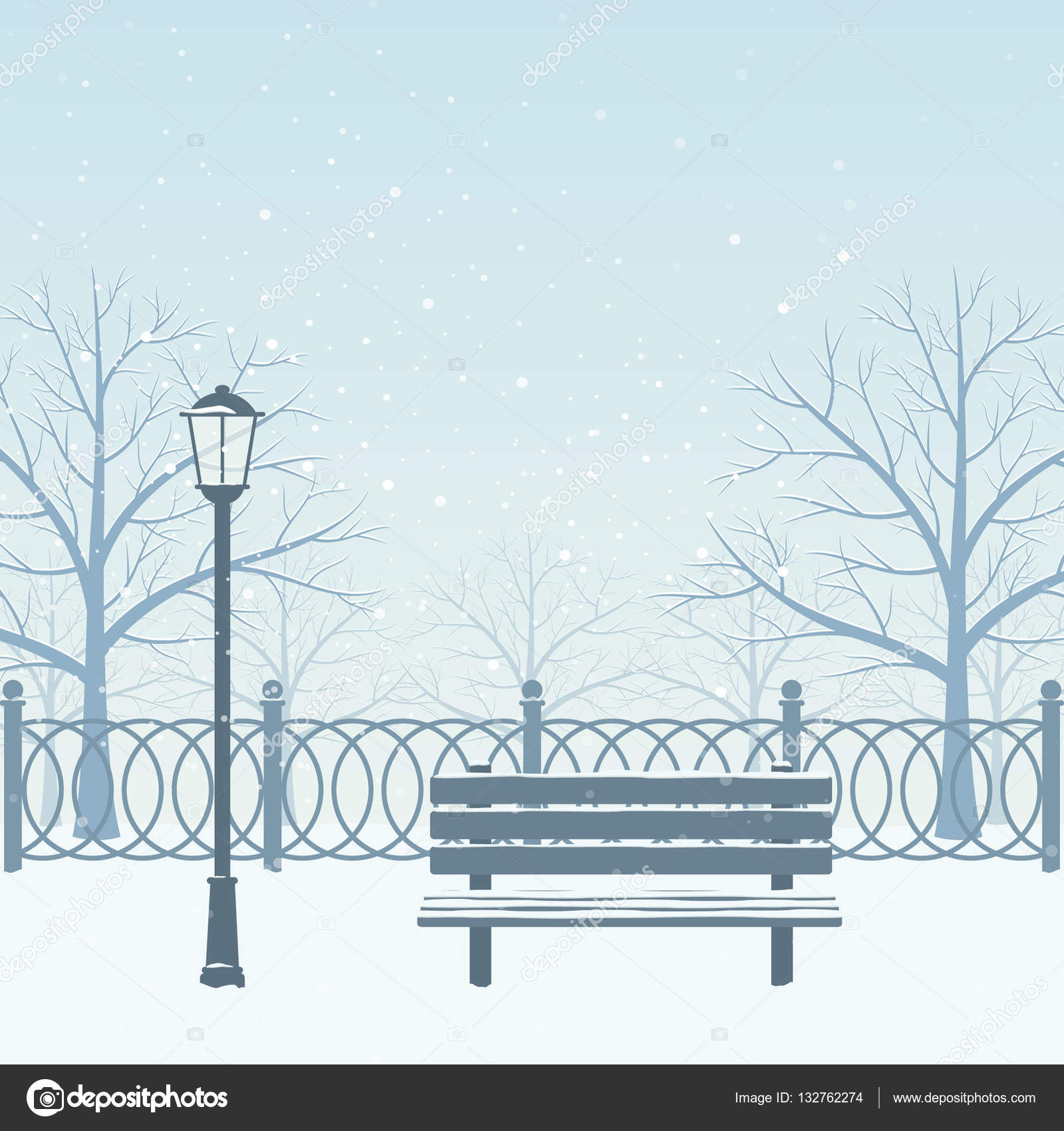 Winter park, bench, street light, snow. Vector illustration. Stock Vector  by ©sanchesnet1@gmail.com 132762274