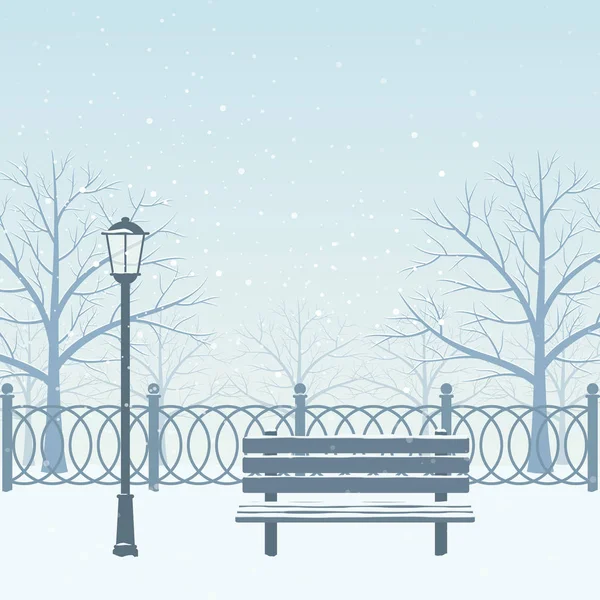 Winter park, lavička, pouliční lampy, sníh. Vektorové ilustrace. — Stockový vektor