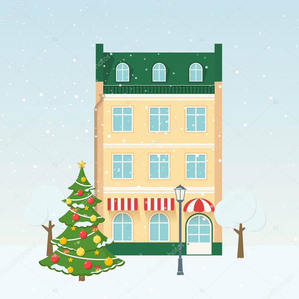 Christmas vector illustration with winter street, tree and snow.