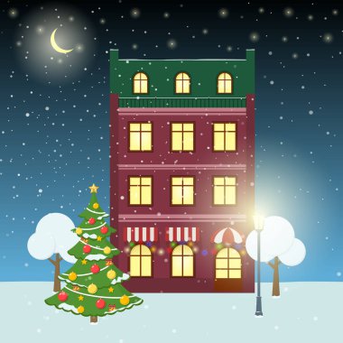 Çam ağacı, karikatür ev ve kar yağışı ile Noel gece kış sokak. 