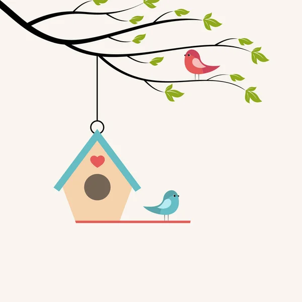 Vogels op tak van de boom en birdhouse. — Stockvector