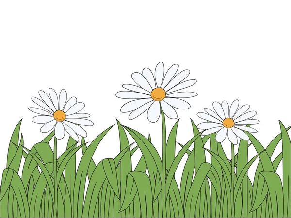 Cartoon bloemen en gras — Stockvector