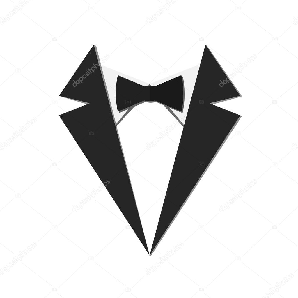 Black male suit, white shirt and bow tie. Vector illustration