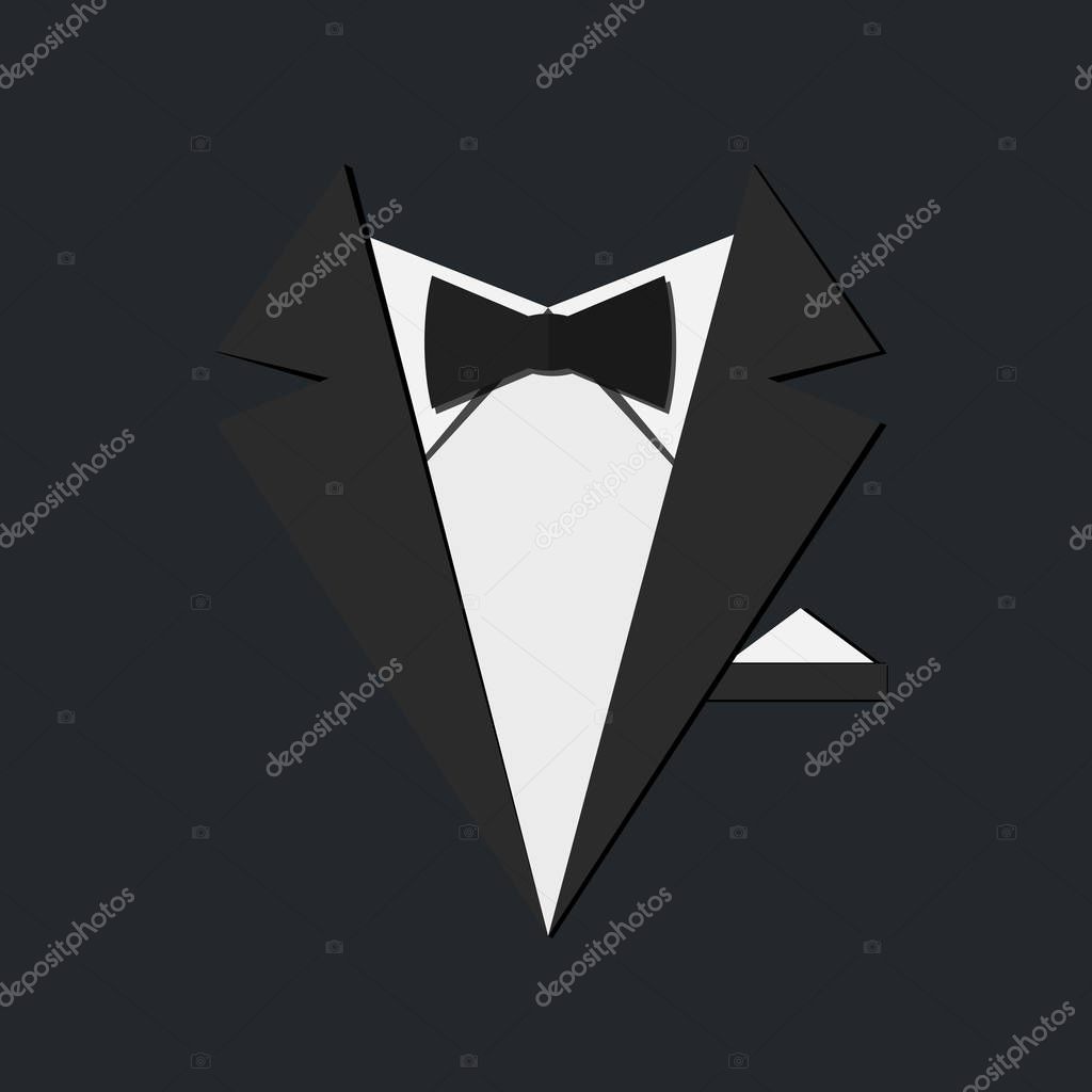 Black male suit, white shirt and bow tie. Vector illustration