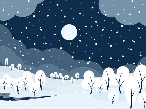 Besneeuwde nacht winterlandschap — Stockvector