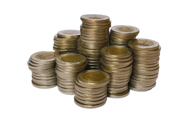 Пачка Монет Номиналом Один Египетский Фунт Изолированные Серебряные Монеты Белом — стоковое фото
