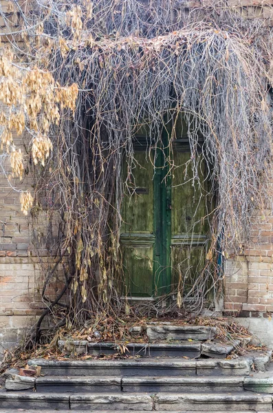 Porta da frente de uma antiga casa abandonada — Fotografia de Stock