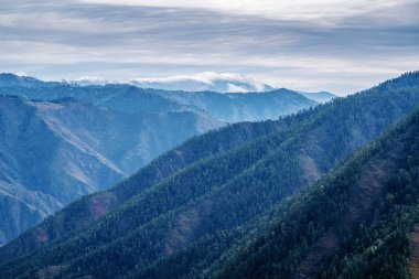 Karlı tepeleri olan dağ manzarası. Chike-Taman geçidi, Altai dağı, Rusya