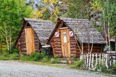Chike-Taman Pass, Altai Mountains, Russia - September, 13, 2019: Roadside public toilets