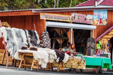 Chike-Taman Pass, Altai Mountains, Russia - September, 13, 2019: Roadside market, goods counters