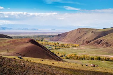 Kyzylshin Nehri vadisinde sonbahar, tepenin üstünden manzara. Kosh-Agachsky Bölgesi, Altai Cumhuriyeti, Rusya