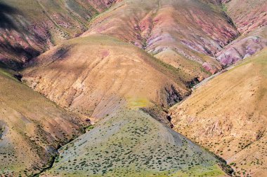 Kyzylshin 'in doğal sınırlarında renkli yamaçlar. Kosh-Agachsky Bölgesi, Altai Cumhuriyeti, Rusya