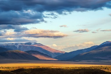 Kurai bozkırında akşam yemeği. Altai dağlarında sonbahar. Rusya