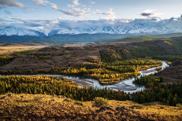 楚亚河在库拉伊草原上 北方的楚耶斯基山脉在地平线上 秋天在阿尔泰山区 俄罗斯 — 图库照片