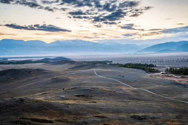 Morning Kurai Steppe Dirt Road Hills Kosh Agachsky District Altai — Stock Photo, Image