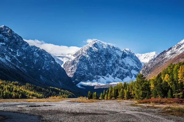 Φθινοπωρινή Κοιλάδα Του Ποταμού Ακτρού Στους Πρόποδες Των Παγετώνων Της — Φωτογραφία Αρχείου