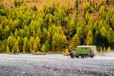 ZIL-131 off-road kamyonu off-road kullanıyor. Aktru Nehri Vadisi, Altai Dağları, Rusya