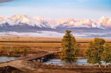 Kurai bozkırındaki Chuya nehri üzerindeki tahta köprü, ufuktaki Kuzey Chuysky sırtı. Altai Cumhuriyeti, Rusya
