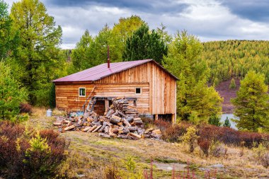 Uzunkel Gölü 'nde yakacak odunları olan ahşap bir banyo. Ulagansky Bölgesi, Altai Cumhuriyeti, Rusya