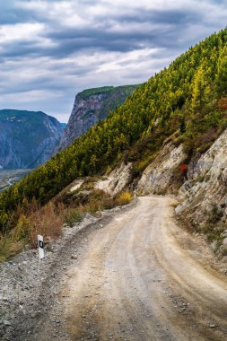 Yol Katu-Yaryk geçidinden Chulyshman Nehri vadisine iniyor. Ulagansky Bölgesi, Altai Cumhuriyeti, Rusya