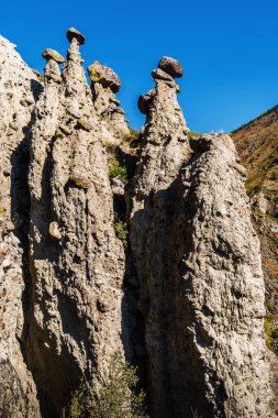 Taş mantarlar, kayalarda rüzgar erozyonu. Rusya, Altai Cumhuriyeti, Ulagansky Bölgesi, Chulyshman Vadisi, Akkurum Bölgesi
