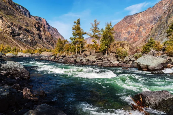 Sonbahar sabahı dağ nehir manzarası. Rusya, Altai Cumhuriyeti, Ulagansky Bölgesi, Chulyshman Nehri