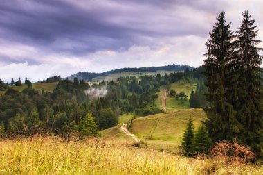 Dağ çayır dramatik gökyüzü ile yol. Kırsal dağlar manzara