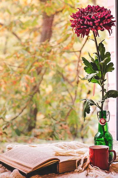 Sonbahar natürmort çiçek vazoda, kitap, çay veya kahve açmak ve halı örme