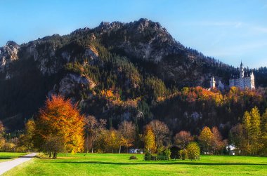 Neuschwanstein Şatosu köyün Hohenschwangau, Almanya'nın yukarıda engebeli bir tepe üzerinde