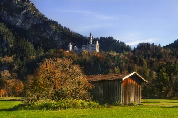 Neuschwanstein Castle on a rugged hill above the village of Hohenschwangau, Germany — Stock Photo, Image