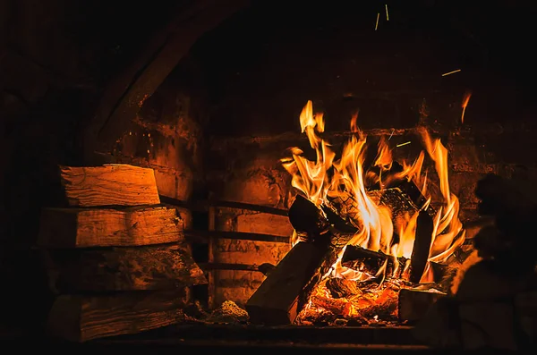 Quema Fuego Chimenea Abierta Con Combustible Madera Leña — Foto de