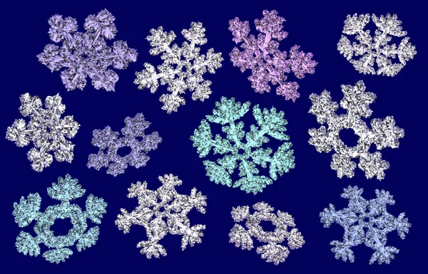 Set di diversi fiocchi di neve che cadono su sfondo blu scuro . — Foto Stock