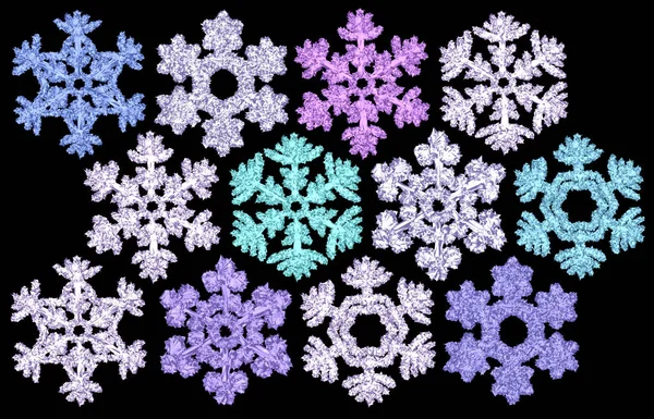 Conjunto de diferentes flocos de neve no fundo preto . — Fotografia de Stock