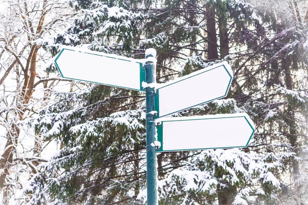 Arrow signboards on winter forest background.