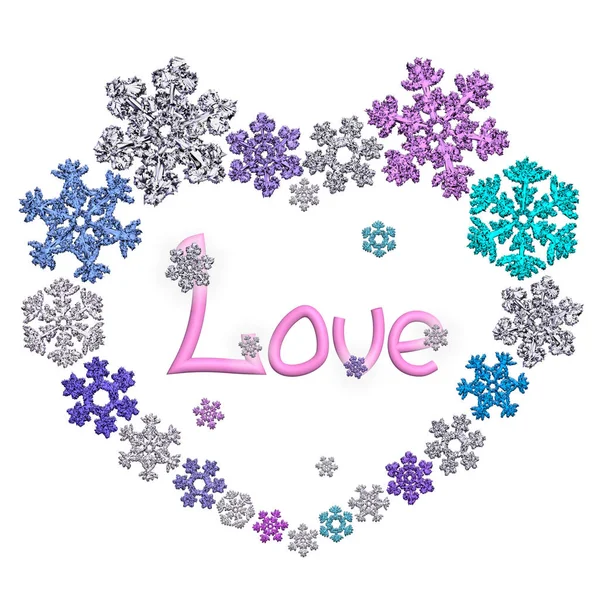 Forma de coração bonito com letras feitas de flocos de neve . — Fotografia de Stock