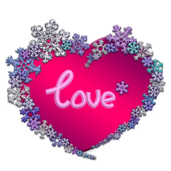 Beautiful pink heart with lettering made of snowflakes — Stock Photo, Image