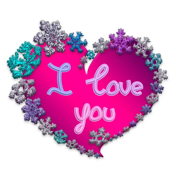 Beautiful pink heart with lettering made of snowflakes — Stock Photo, Image