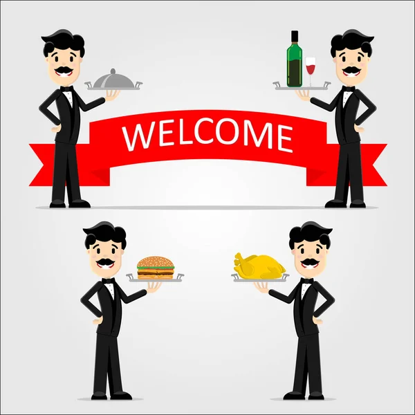 Bir garson bir tepsi ile siyah elbiseli vektör Illustration. Şarap, hamburger, kızarmış tavuk