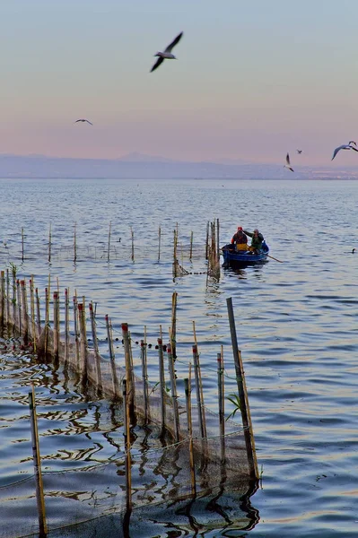 Balıkçılar şafak La Albufera Gölü üzerinde.
