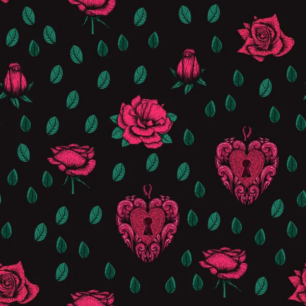 Seamless vector etching handdrawn pattern with roses, hearts, and leaves a dark background — Stock Vector