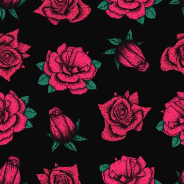 Güller, kalpler ve geride koyu bir arkaplan bırakan kusursuz el çizimi deseni