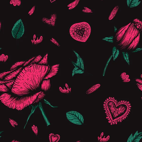 无缝隙的矢量用玫瑰、心脏和树叶在手工绘制的图案上刻有深色的背景 — 图库矢量图片