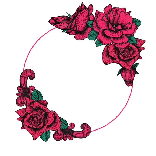 Handdrawn etching roses ribbons and flowers for greeting card design. Vector flowers wreath frame — 스톡 벡터